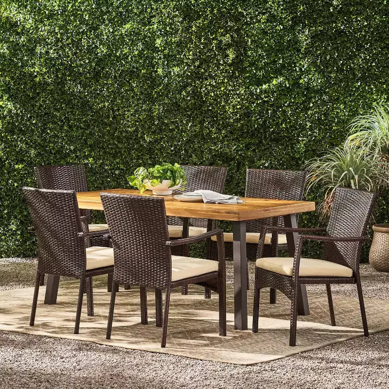 Christopher Knight Home Goleta Outdoor Acacia Wood and Wicker 7 Piece Dining Set with Cushion, Natural, Brown and Cream