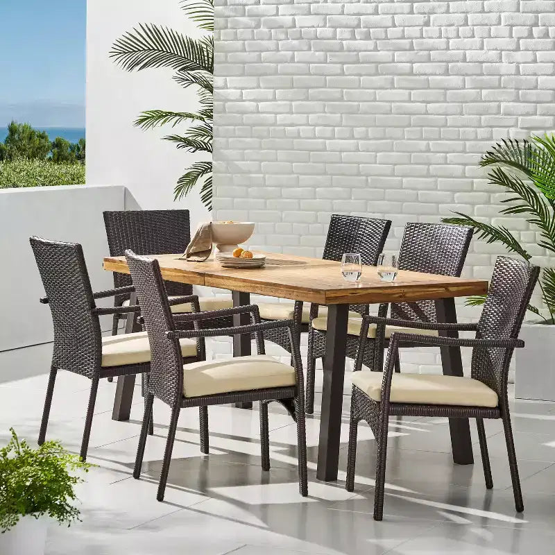 Christopher Knight Home Goleta Set da pranzo da 7 pezzi in legno di acacia e vimini da esterno con cuscini, Naturale, Marrone e Crema