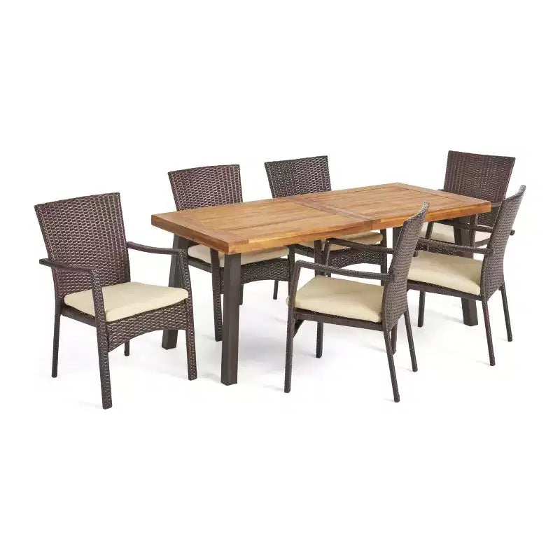 Christopher Knight Home Goleta Set da pranzo da 7 pezzi in legno di acacia e vimini da esterno con cuscini, Naturale, Marrone e Crema