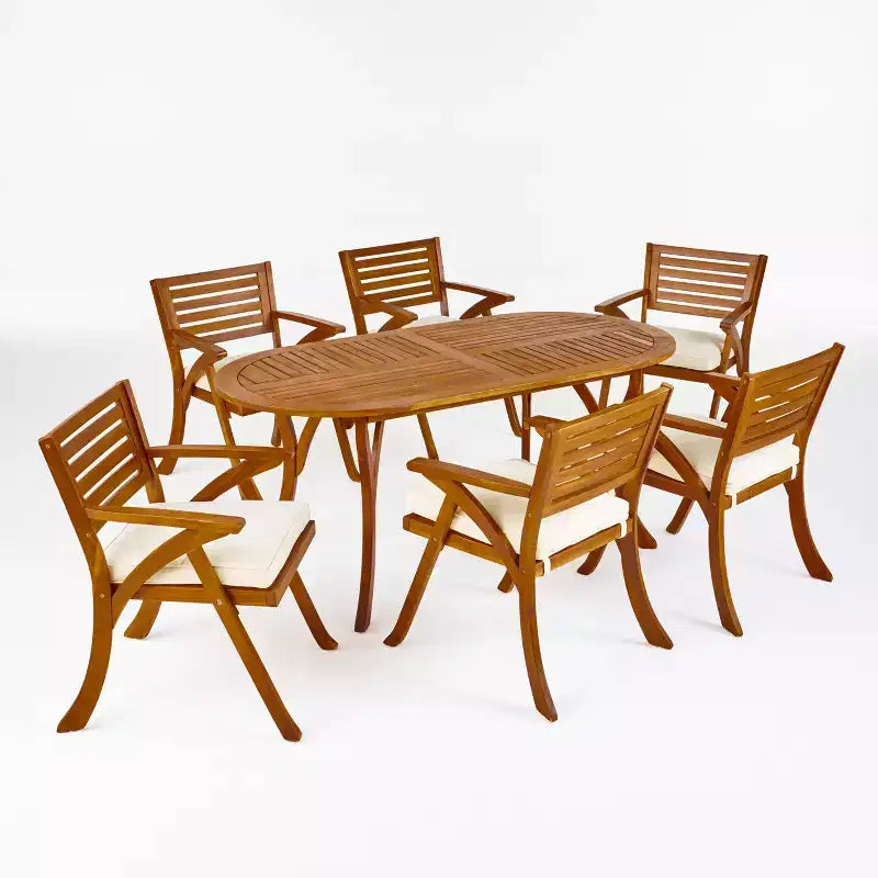 Set da pranzo Zhana per esterni in legno di acacia a 7 pezzi con cuscino di GDFStudio