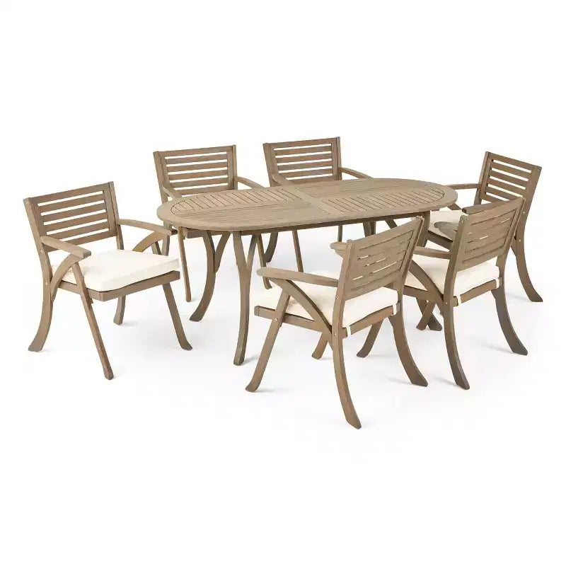 Set da pranzo Zhana per esterni in legno di acacia a 7 pezzi con cuscino di GDFStudio