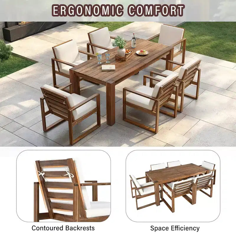 Whisen - Set da pranzo da esterno a 7 pezzi in legno di acacia - Posti a sedere per 6 persone con cuscini rimovibili, set di mobili da esterno con foro per ombrellone