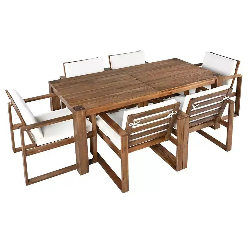 Whisen - Set da pranzo da esterno a 7 pezzi in legno di acacia - Posti a sedere per 6 persone con cuscini rimovibili, set di mobili da esterno con foro per ombrellone