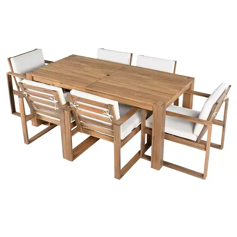 Whisen - Set da pranzo da esterno a 7 pezzi in legno di acacia - Posti a sedere per 6 persone con cuscini rimovibili, set di mobili da esterno con foro per ombrellone