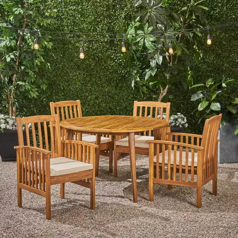 Christopher Knight Home Maura, set da pranzo da 5 pezzi in legno di acacia per esterni con cuscino resistente all'acqua