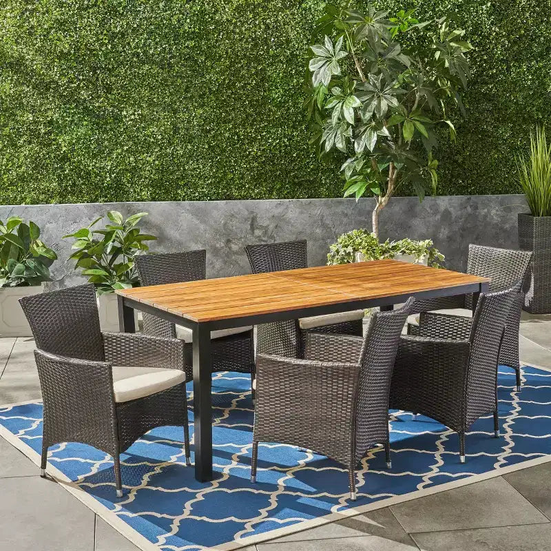 Christopher Knight Home Dane set da pranzo da 7 pezzi da esterno in vimini e legno di acacia con cuscini, Teak/Marrone Multicolore