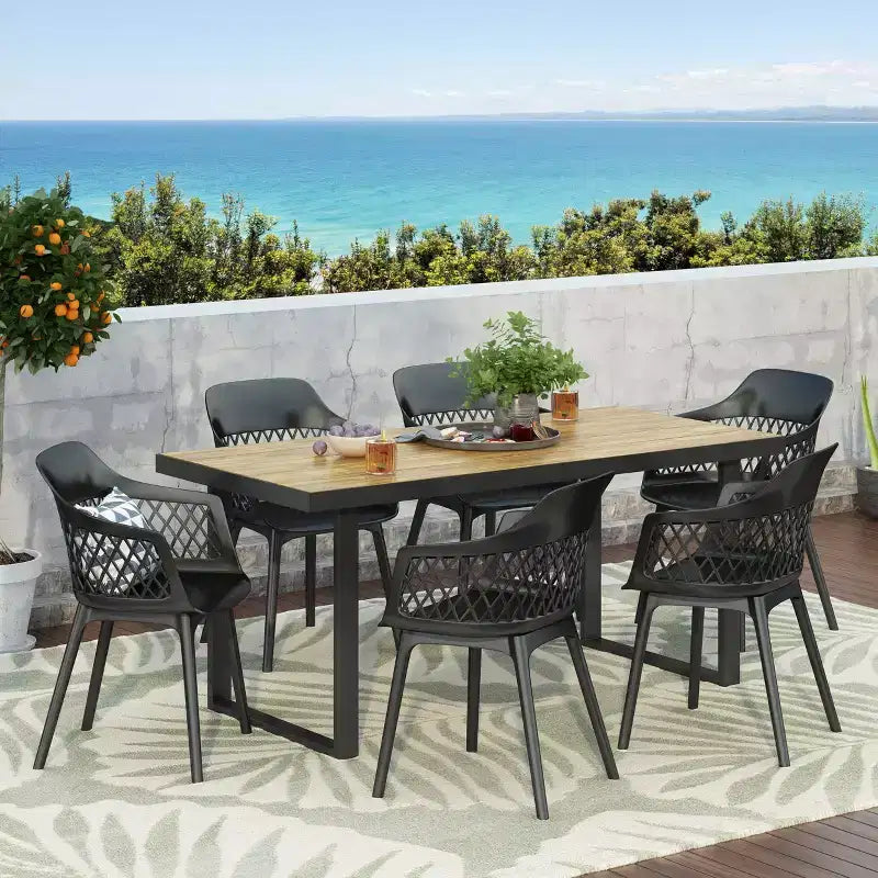 Christopher Knight Home Trinity Set da Pranzo da Esterno a 7 Pezzi in Resina Polipropilenica e Legno di Acacia con Tavolo da 70", Nero e Teak