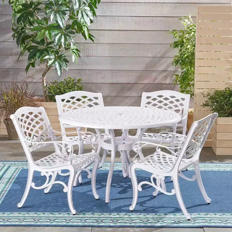 Set da pranzo da esterno a 5 pezzi Christopher Knight Home Sarasota in alluminio pressofuso con motivo floreale a spirale