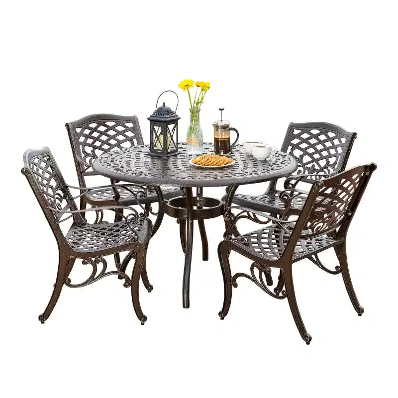 Set da pranzo da esterno a 5 pezzi Christopher Knight Home Sarasota in alluminio pressofuso con motivo floreale a spirale