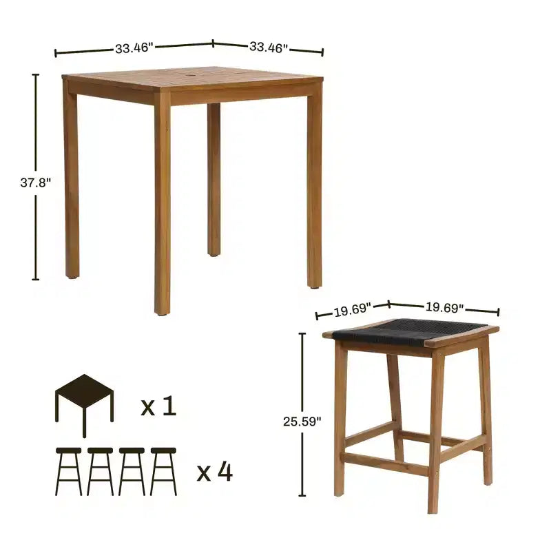 LuxenHome Set Tavolo Alto da Esterno in Legno di Acacia con 4 Sgabelli, per 4 Persone, Marrone