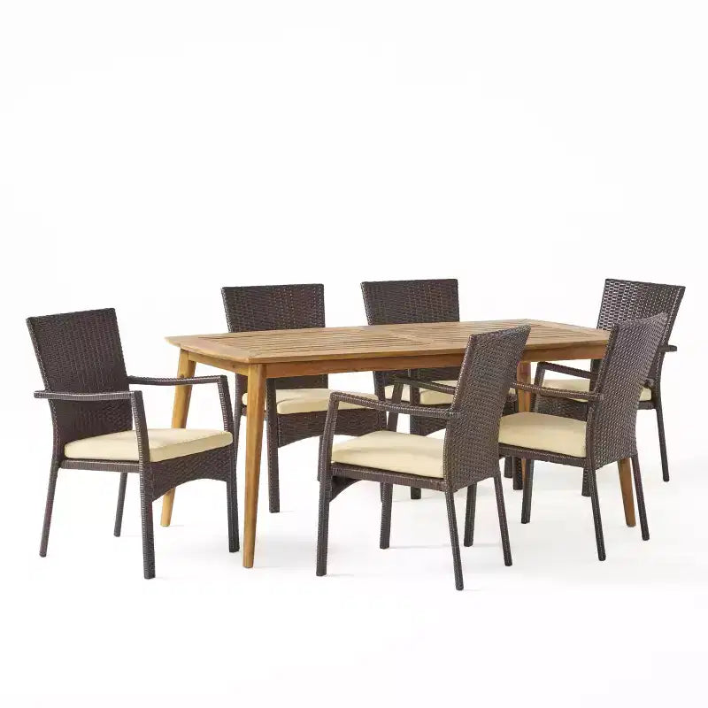 Christopher Knight Home Talbot Set da pranzo da 7 pezzi da esterno in legno di acacia e vimini con cuscino