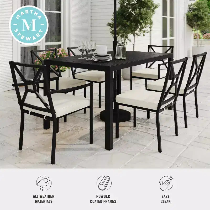 Set da pranzo da esterno Martha Stewart in acciaio da 7 pezzi con 6 sedie impilabili e tavolo da 62 pollici in nero