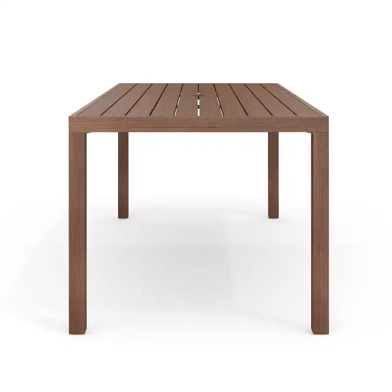 Set da patio Martha Stewart Bedford per interni-esterni con tavolo da 71 pollici e 8 sedie da pranzo con finitura in alluminio spazzolato effetto legno e cuscini per seduta resistenti alle intemperie