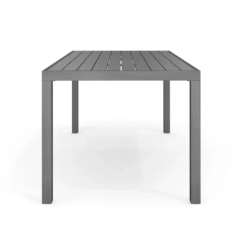 Set da patio Martha Stewart Bedford per interni-esterni con tavolo da 71 pollici e 8 sedie da pranzo con finitura in alluminio spazzolato effetto legno e cuscini per seduta resistenti alle intemperie