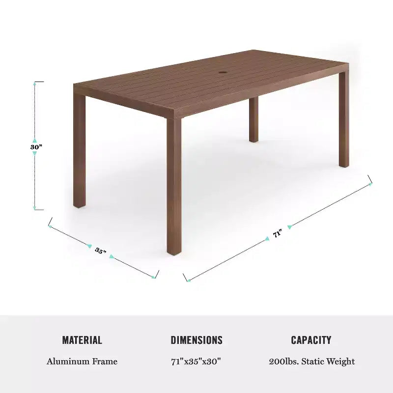 Set da patio Martha Stewart Bedford per interni-esterni con tavolo da 71 pollici e 8 sedie da pranzo con finitura in alluminio spazzolato effetto legno e cuscini per seduta resistenti alle intemperie