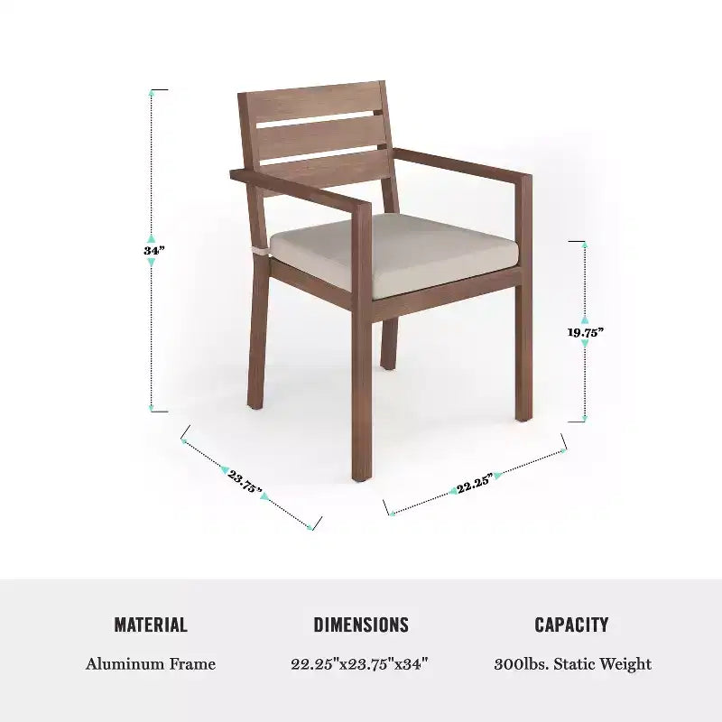 Set da patio Martha Stewart Bedford per interni-esterni con tavolo da 71 pollici e 8 sedie da pranzo con finitura in alluminio spazzolato effetto legno e cuscini per seduta resistenti alle intemperie