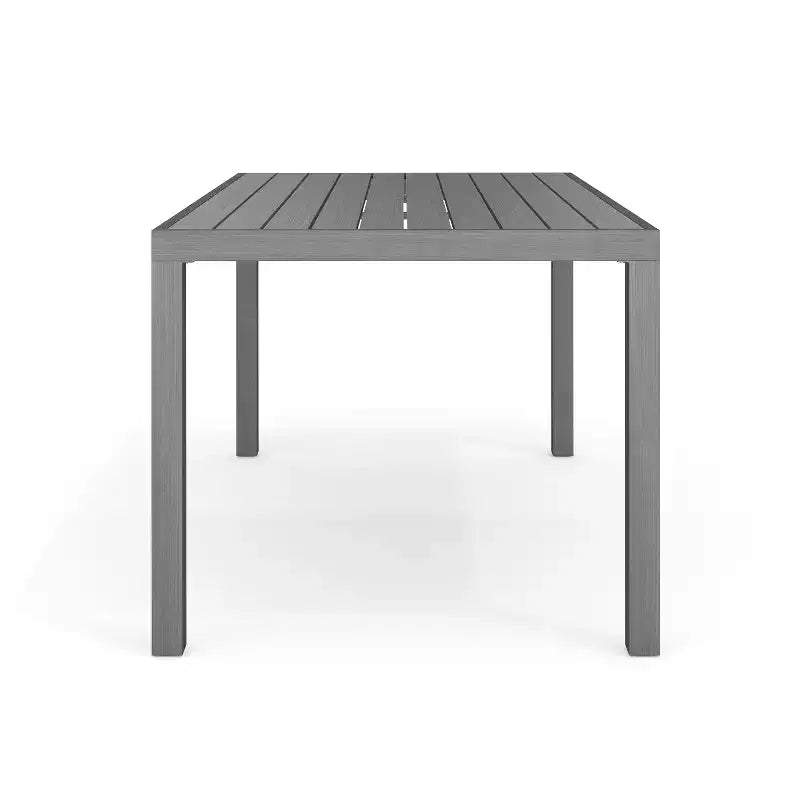 Set da patio Martha Stewart Bedford per interni ed esterni con tavolo da 62 pollici e 6 sedie da pranzo con finitura in alluminio spazzolato effetto legno e cuscino di seduta per tutte le stagioni