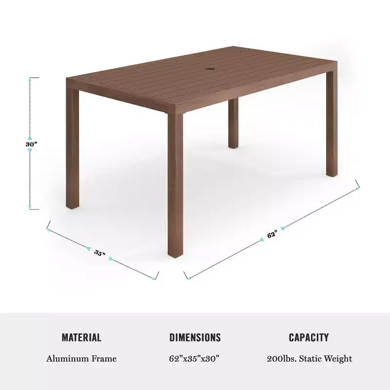 Set da patio Martha Stewart Bedford per interni ed esterni con tavolo da 62 pollici e 6 sedie da pranzo con finitura in alluminio spazzolato effetto legno e cuscino di seduta per tutte le stagioni