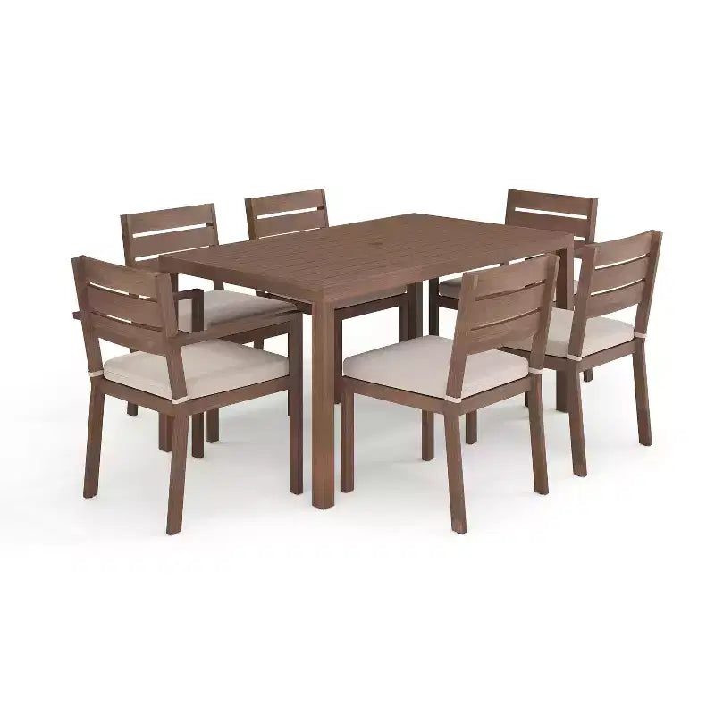 Martha Stewart Bedford Indoor-Outdoor Patio Set with 62 Table and 6 Dining Chairs with Brushed Woodgrain Aluminum Finish and All-Weather Seat Cushion