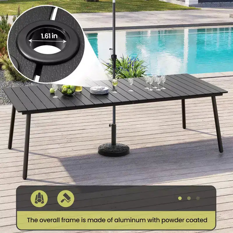 Crestlive Products Set da pranzo da esterno Tavolo da pranzo da patio con sedie pieghevoli Top effetto legno e telaio in alluminio Foro per ombrellone