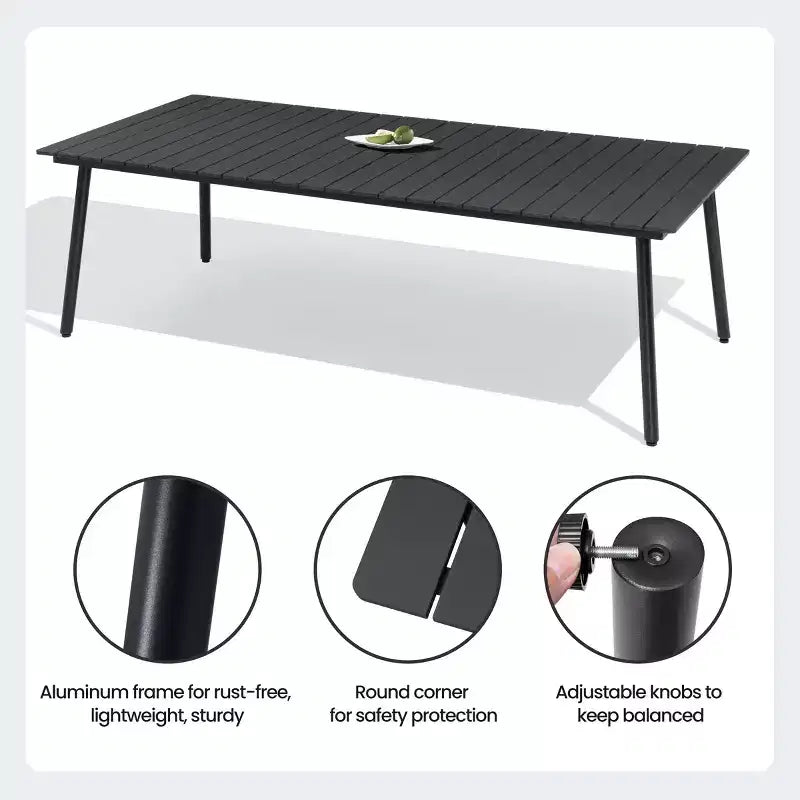 Crestlive Products Set da pranzo da esterno Tavolo da pranzo da patio con sedie pieghevoli Top effetto legno e telaio in alluminio Foro per ombrellone