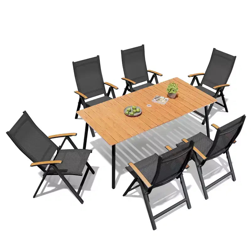 Crestlive Products Set da pranzo da esterno Tavolo da pranzo da patio con sedie pieghevoli Top effetto legno e telaio in alluminio Foro per ombrellone