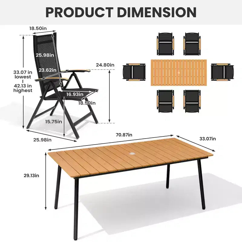 Crestlive Products Set da pranzo da esterno Tavolo da pranzo da patio con sedie pieghevoli Top effetto legno e telaio in alluminio Foro per ombrellone
