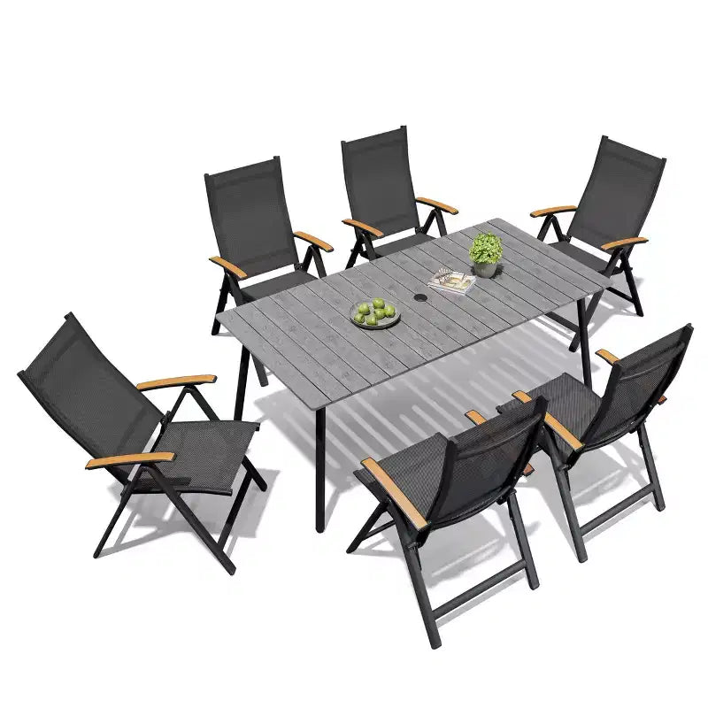 Crestlive Products Set da pranzo da esterno Tavolo da pranzo da patio con sedie pieghevoli Top effetto legno e telaio in alluminio Foro per ombrellone
