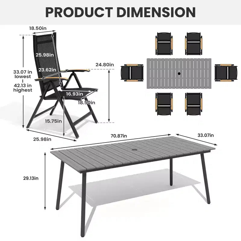 Crestlive Products Set da pranzo da esterno Tavolo da pranzo da patio con sedie pieghevoli Top effetto legno e telaio in alluminio Foro per ombrellone