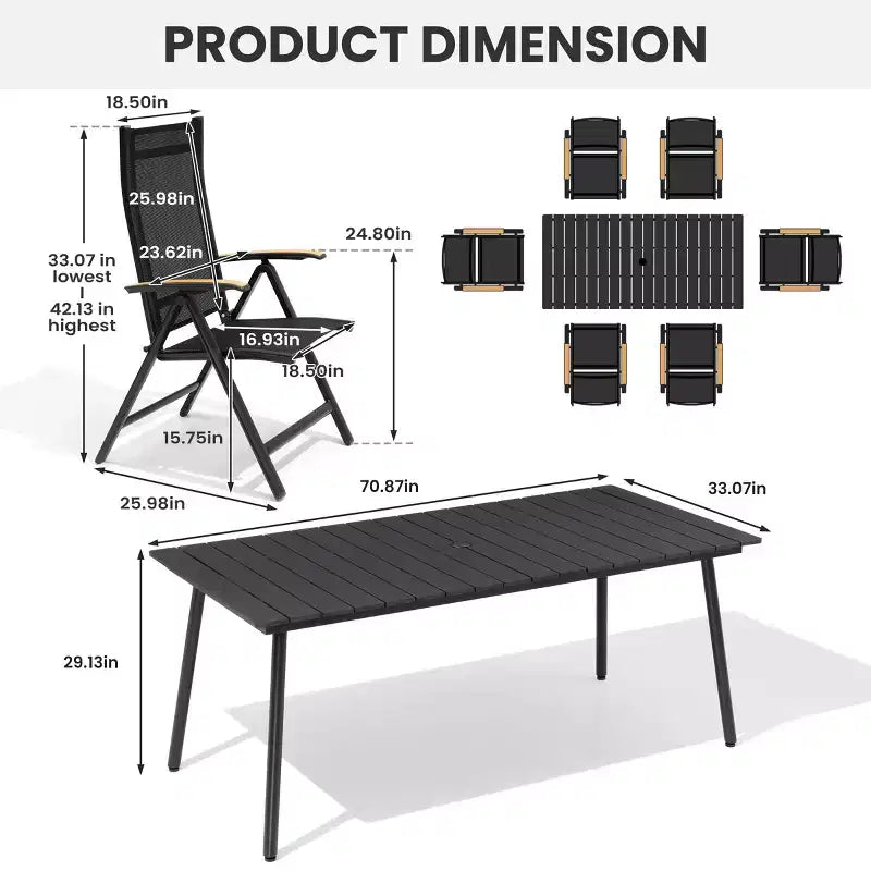 Crestlive Products Set da pranzo da esterno Tavolo da pranzo da patio con sedie pieghevoli Top effetto legno e telaio in alluminio Foro per ombrellone