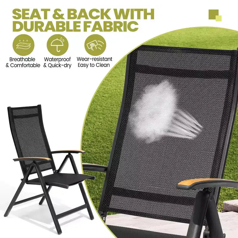Crestlive Products Set da pranzo da esterno Tavolo da pranzo da patio con sedie pieghevoli Top effetto legno e telaio in alluminio Foro per ombrellone