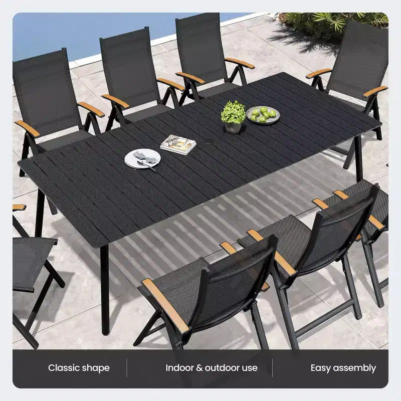Crestlive Products Set da pranzo da esterno Tavolo da pranzo da patio con sedie pieghevoli Top effetto legno e telaio in alluminio Foro per ombrellone
