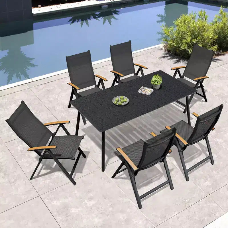 Crestlive Products Outdoor Dining Set Patio Dining Table with folding Dining Chairs Wooden-Like Top and Aluminum Frame Umbrella Hole