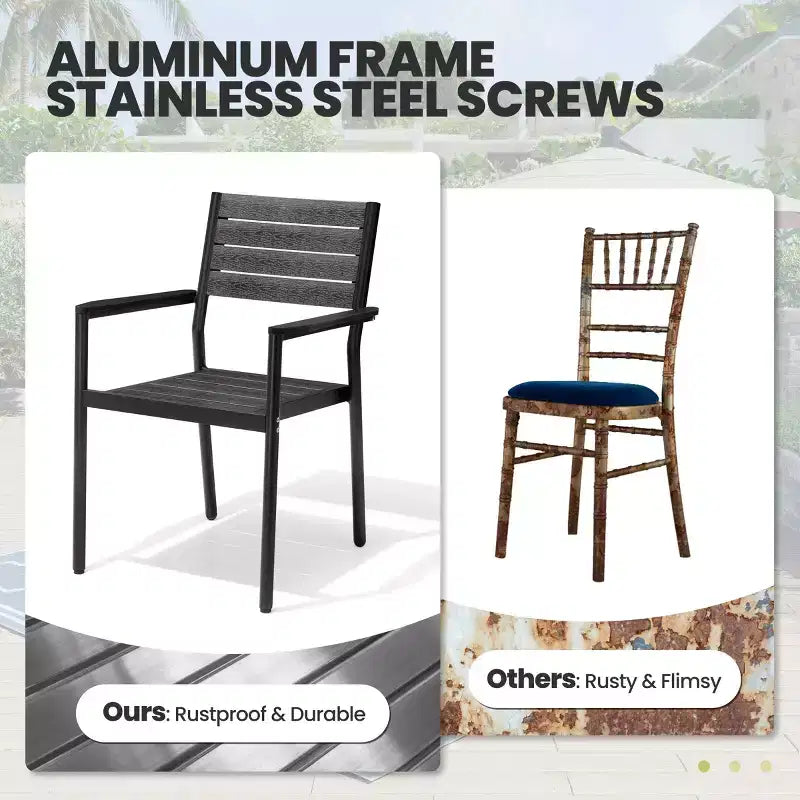 Crestlive Products Set da pranzo da esterno in alluminio da 7 pezzi, tavolo da 180 cm e 6 sedie con piano in legno sintetico e foro per ombrellone per piscina, prato
