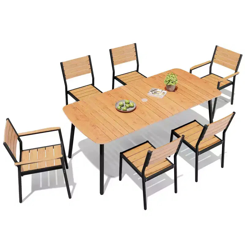 Crestlive Products Set da pranzo da esterno in alluminio da 7 pezzi, tavolo da 180 cm e 6 sedie con piano in legno sintetico e foro per ombrellone per piscina, prato