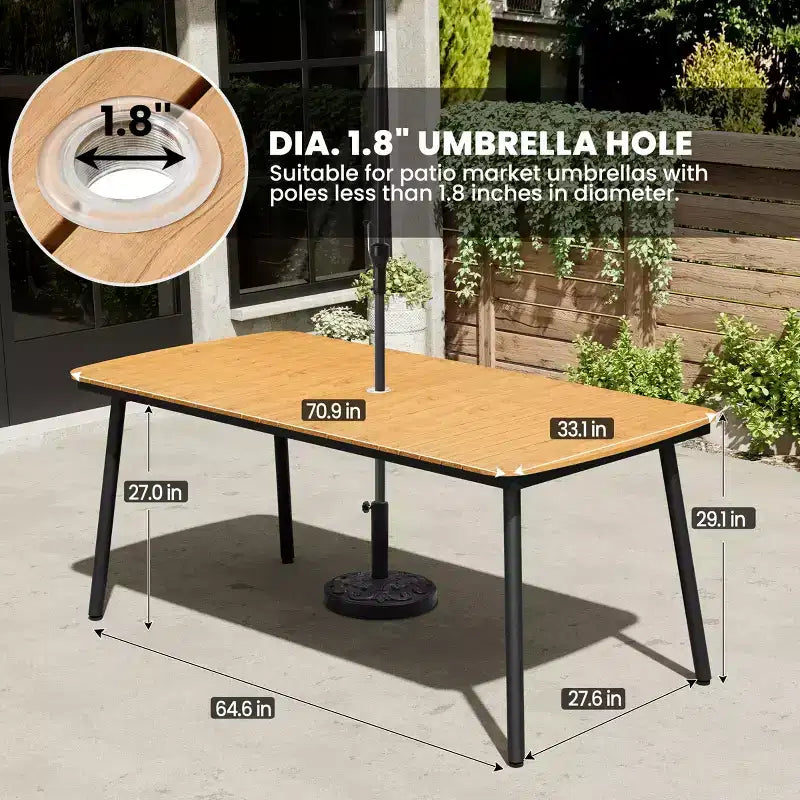 Crestlive Products Set da pranzo da esterno in alluminio da 7 pezzi, tavolo da 180 cm e 6 sedie con piano in legno sintetico e foro per ombrellone per piscina, prato
