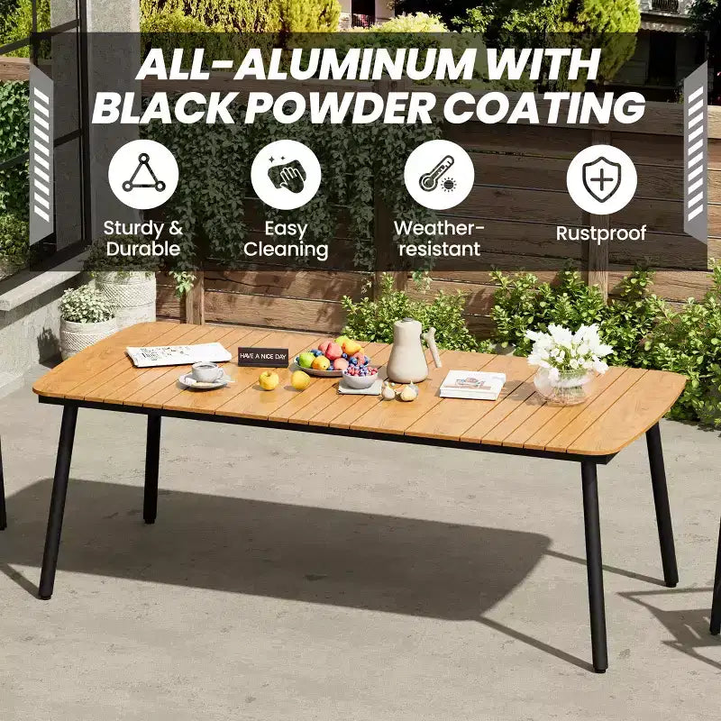 Crestlive Products Set da pranzo da esterno in alluminio da 7 pezzi, tavolo da 180 cm e 6 sedie con piano in legno sintetico e foro per ombrellone per piscina, prato