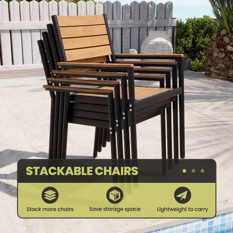 Crestlive Products Set da pranzo da esterno in alluminio da 7 pezzi, tavolo da 180 cm e 6 sedie con piano in legno sintetico e foro per ombrellone per piscina, prato