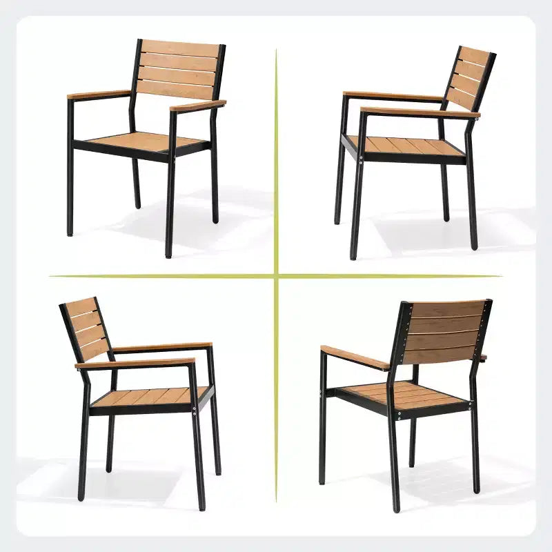 Crestlive Products Set da pranzo da esterno in alluminio da 7 pezzi, tavolo da 180 cm e 6 sedie con piano in legno sintetico e foro per ombrellone per piscina, prato