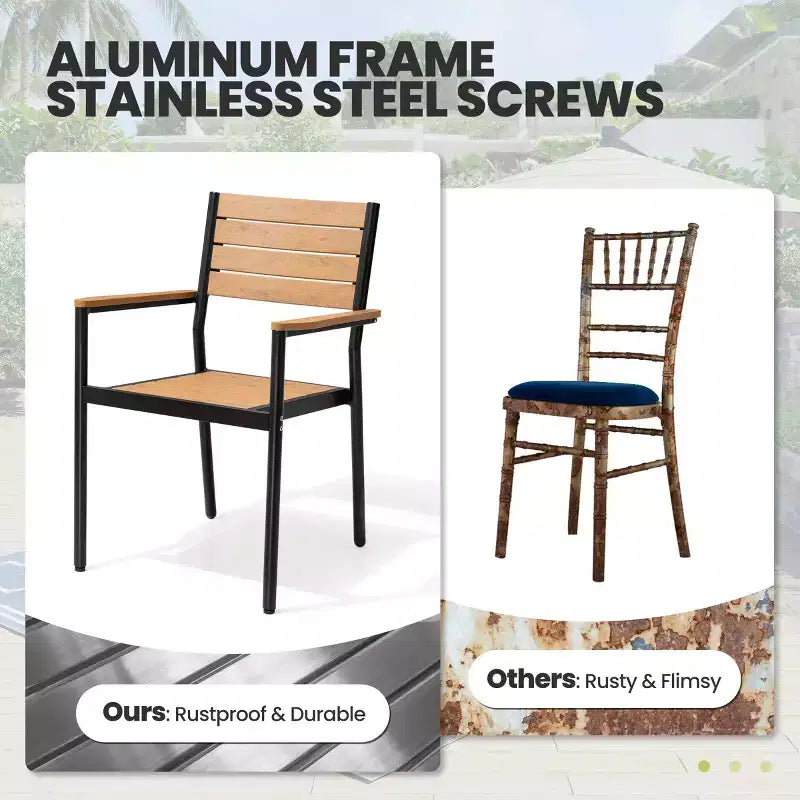 Crestlive Products Set da pranzo da esterno in alluminio da 7 pezzi, tavolo da 180 cm e 6 sedie con piano in legno sintetico e foro per ombrellone per piscina, prato