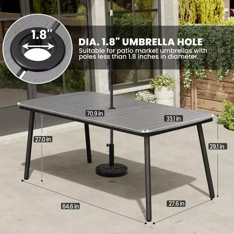 Crestlive Products Set da pranzo da esterno in alluminio da 7 pezzi, tavolo da 180 cm e 6 sedie con piano in legno sintetico e foro per ombrellone per piscina, prato