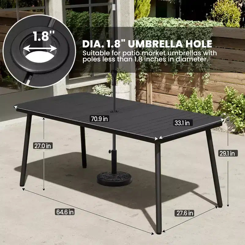 Crestlive Products Set da pranzo da esterno in alluminio da 7 pezzi, tavolo da 180 cm e 6 sedie con piano in legno sintetico e foro per ombrellone per piscina, prato