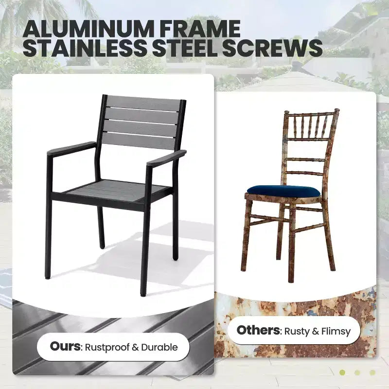Crestlive Products Set da pranzo da esterno in alluminio da 7 pezzi, tavolo da 180 cm e 6 sedie con piano in legno sintetico e foro per ombrellone per piscina, prato