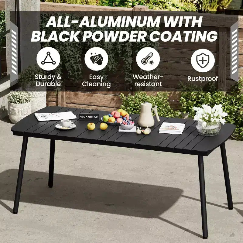 Crestlive Products Set da pranzo da esterno in alluminio da 7 pezzi, tavolo da 180 cm e 6 sedie con piano in legno sintetico e foro per ombrellone per piscina, prato