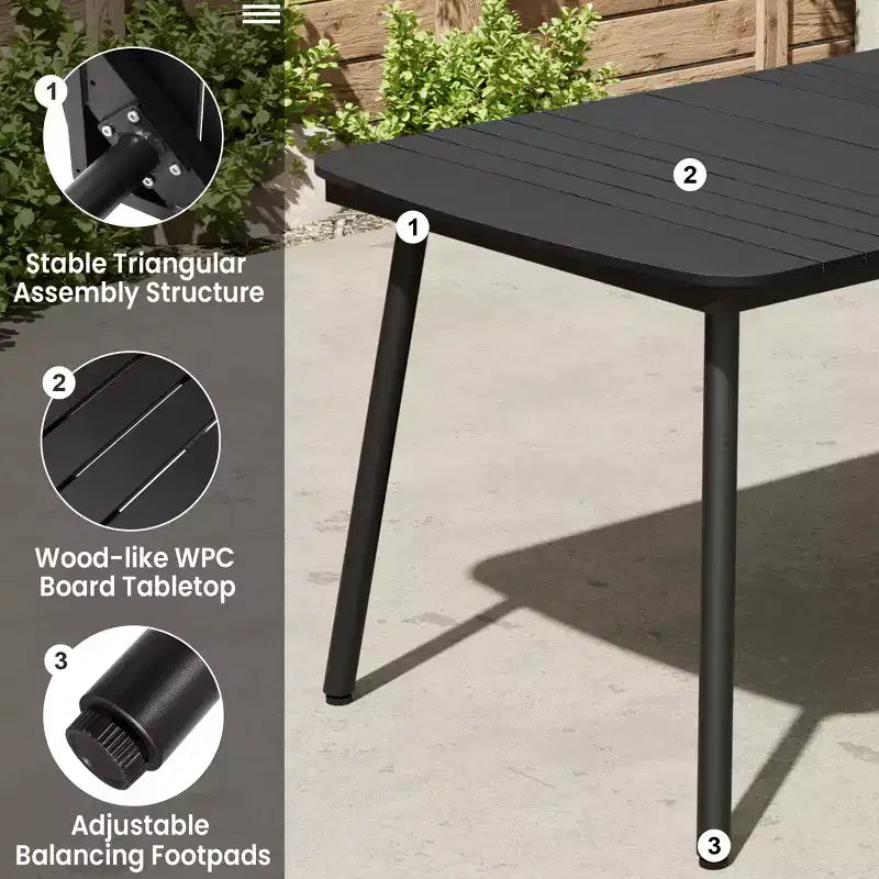 Crestlive Products Set da pranzo da esterno in alluminio da 7 pezzi, tavolo da 180 cm e 6 sedie con piano in legno sintetico e foro per ombrellone per piscina, prato