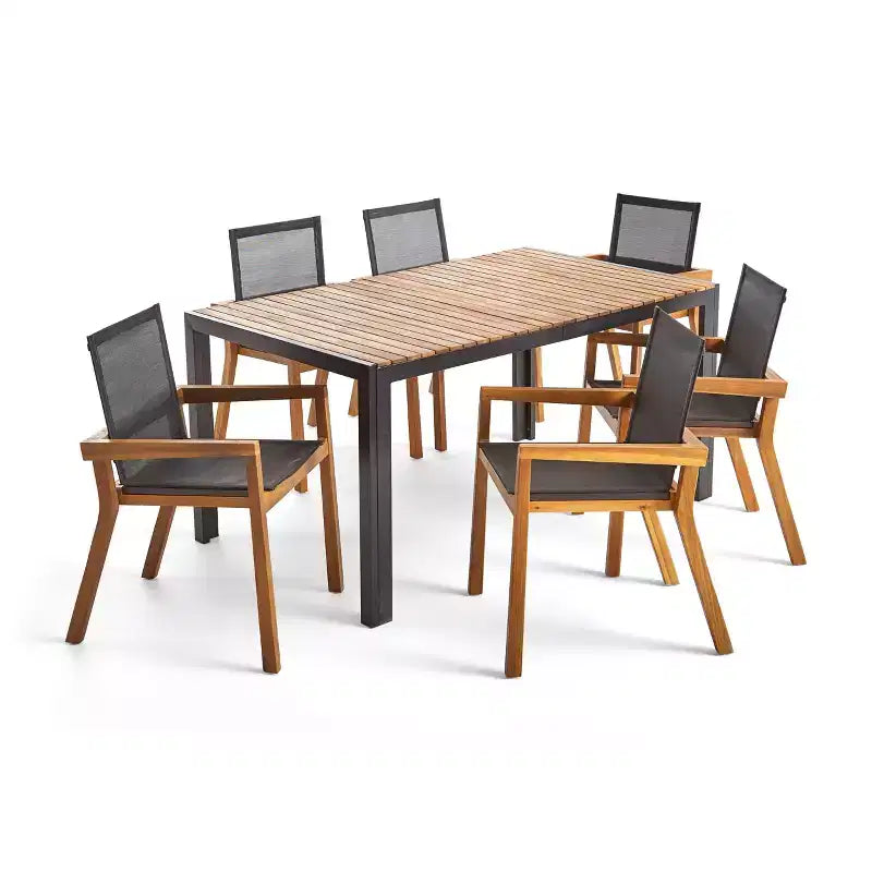 Christopher Knight Home Lemyra Set da pranzo da 7 pezzi in mesh e legno di acacia per esterni, teak/nero