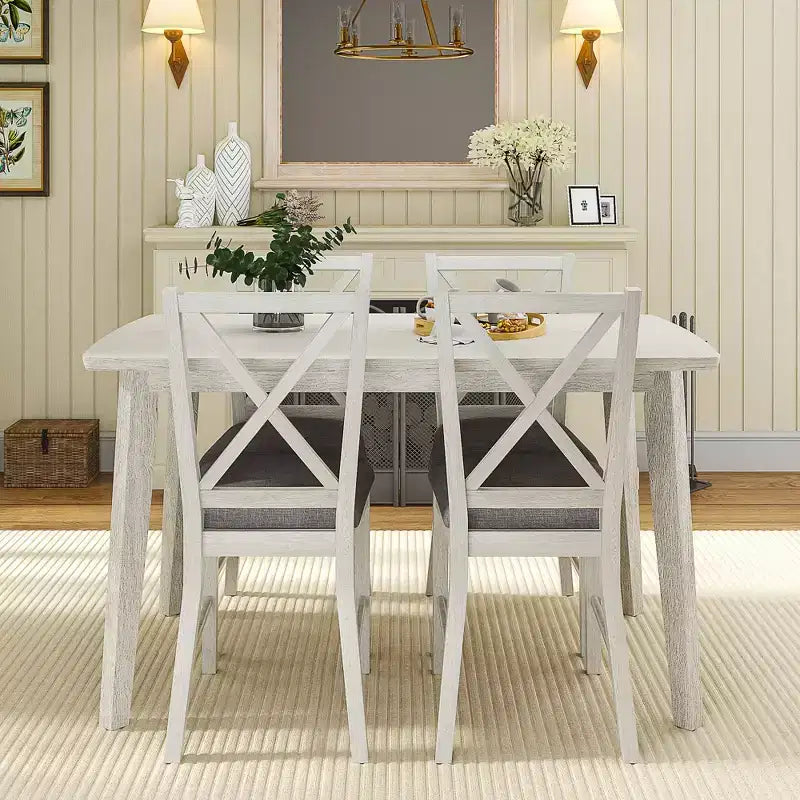 Set da pranzo in stile rustico VECELO, tavolo in legno di gomma e sedie da pranzo imbottite, grigio