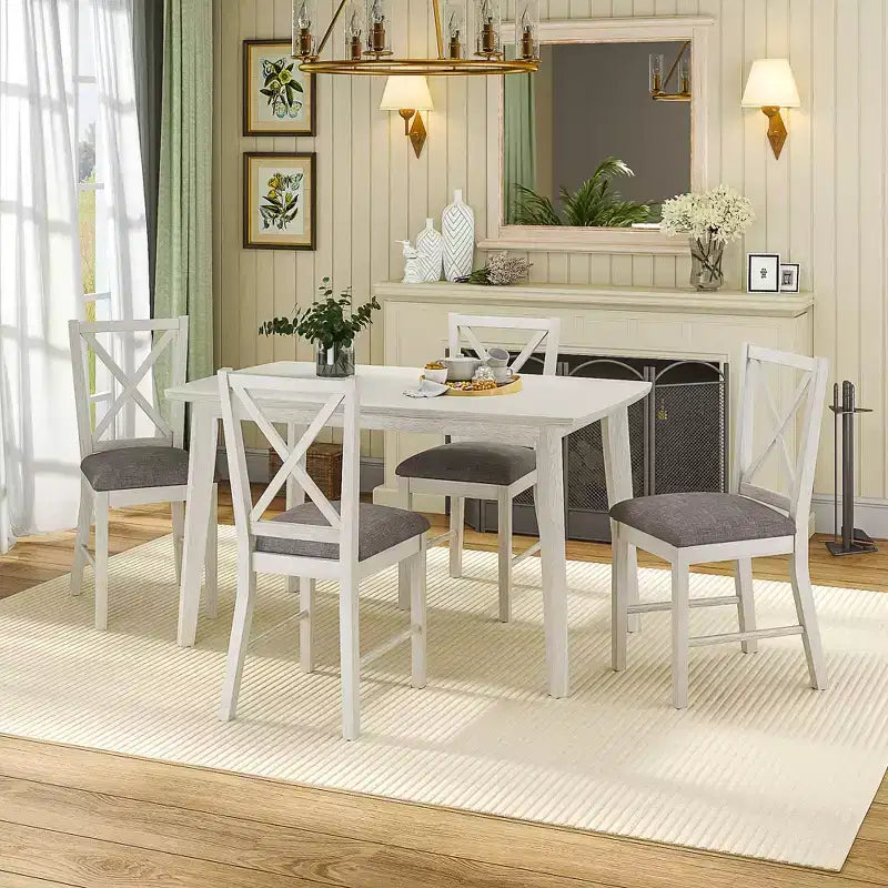 Set da pranzo in stile rustico VECELO, tavolo in legno di gomma e sedie da pranzo imbottite, grigio
