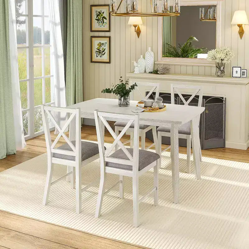 Set da pranzo in stile rustico VECELO, tavolo in legno di gomma e sedie da pranzo imbottite, grigio