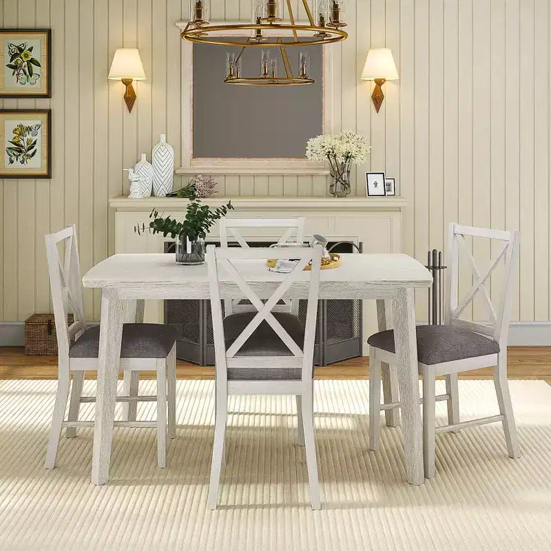 Set da pranzo in stile rustico VECELO, tavolo in legno di gomma e sedie da pranzo imbottite, grigio